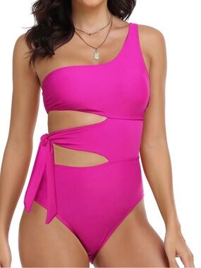 Hilor Pink One-Shoulder Cutout One-Piece Swimsuit in Hot Pink Tummy Control